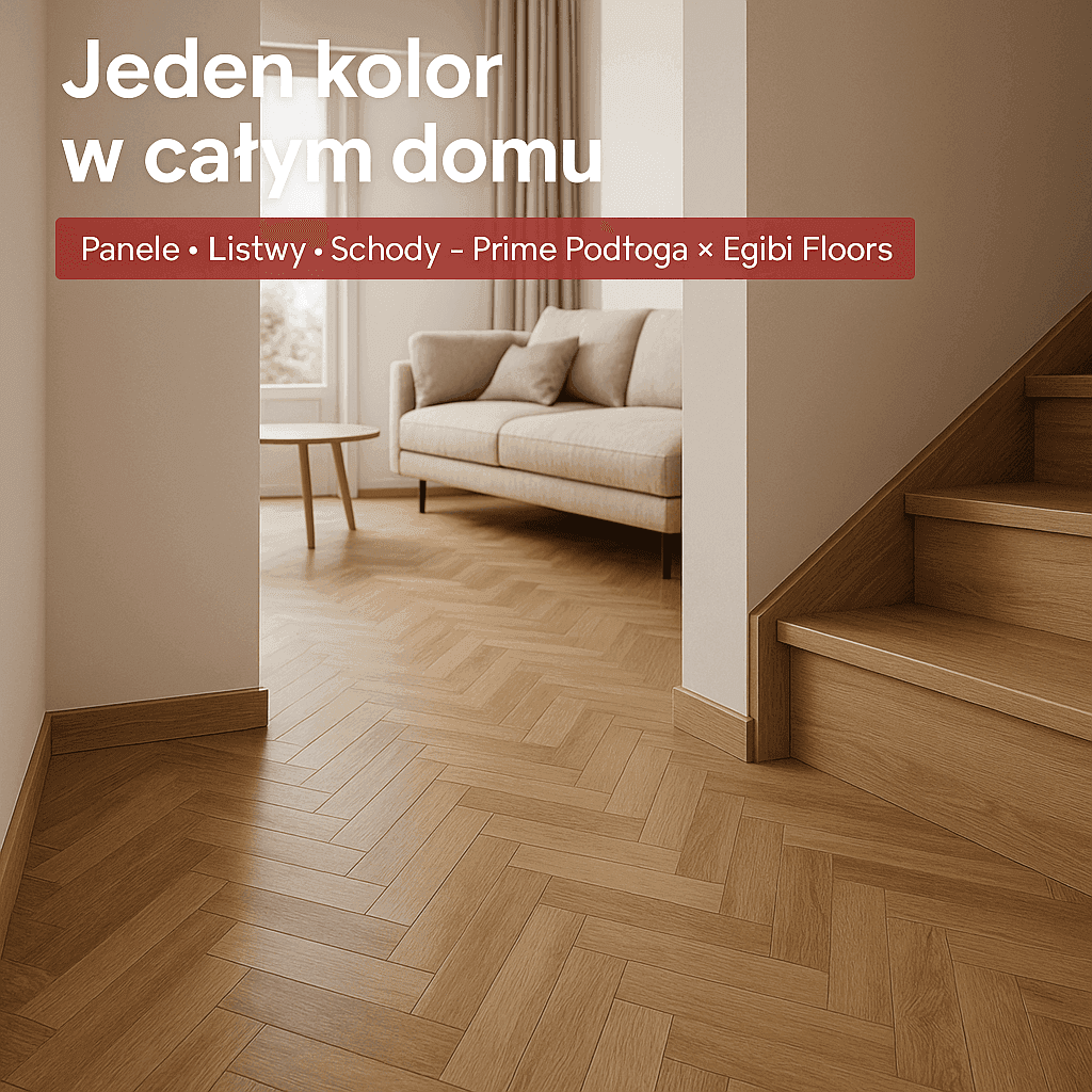 Jeden kolor w całym domu — panele, listwy i (jeśli chcesz) schody w tym samym dekorze. Kompletny zestaw od Prime Podłoga × Egibi Floors
